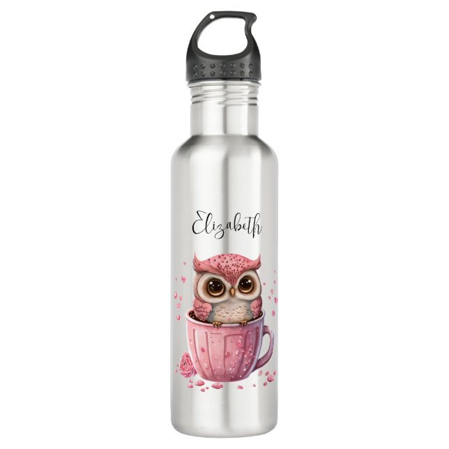 Niedliche rosa Eule im Cup Edelstahlflasche (Vorderseite)