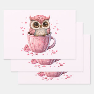 Niedliche rosa Eule im Cup Geschenkpapier Set