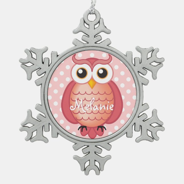 Niedliche rosa Eule mit Namen Schneeflocken Zinn-Ornament (Vorderseite)