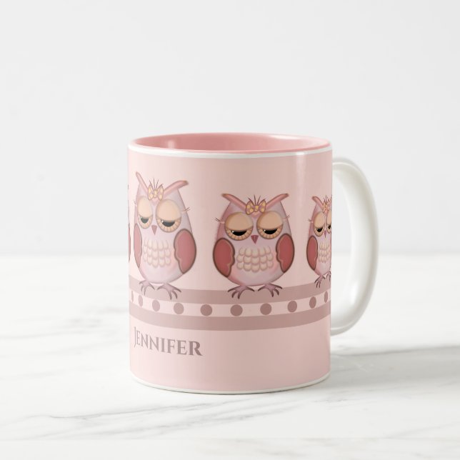 Niedliche Rosa Eule und individuelle Name Zweifarbige Tasse (VorderseiteRechts)