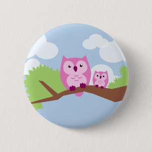 Niedliche rosa Eulen-Mama und Baby Button