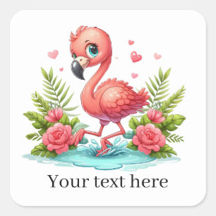 Niedliche rosa Flamingo-Blume fügen Text hinzu Quadratischer Aufkleber