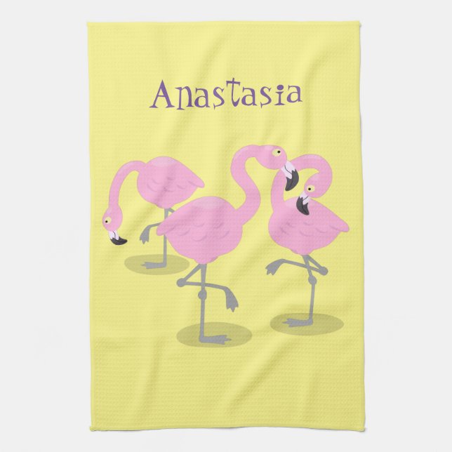 Niedliche Rosa-Flamingo-Trio-Cartoon-Abbildung Geschirrtuch (Vertikal)
