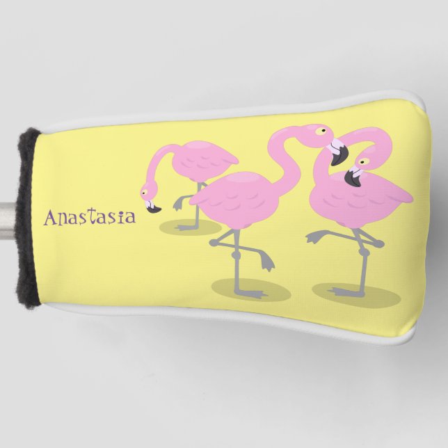 Niedliche Rosa-Flamingo-Trio-Cartoon-Abbildung Golf Headcover (Vorderseite)