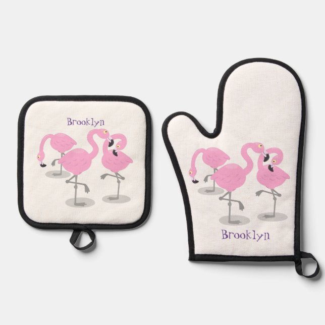 Niedliche Rosa-Flamingo-Trio-Cartoon-Abbildung Ofenhandschuh & Topflappen-Set (Vorderseite)