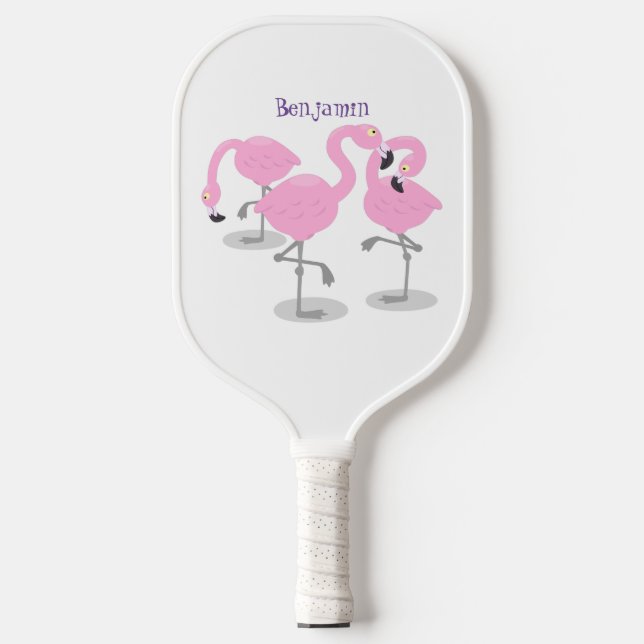 Niedliche Rosa-Flamingo-Trio-Cartoon-Abbildung Pickleball Schläger (Vorderseite)