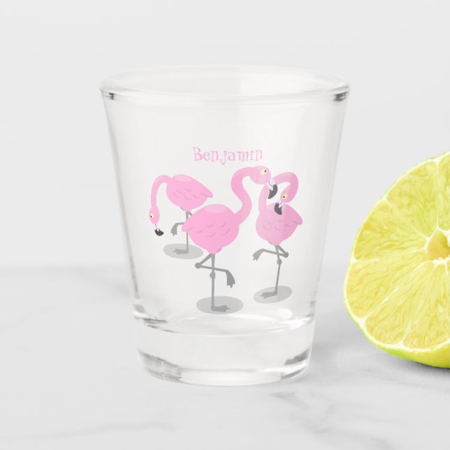 Niedliche Rosa-Flamingo-Trio-Cartoon-Abbildung Schnapsglas (Vorderseite)