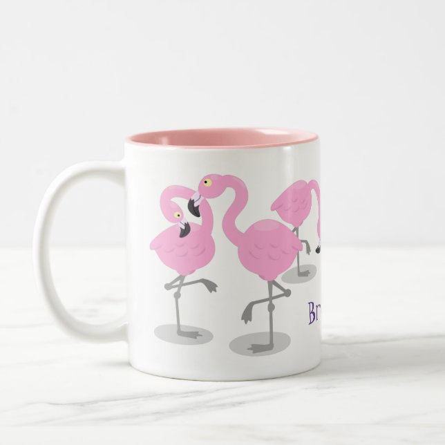 Niedliche Rosa-Flamingo-Trio-Cartoon-Abbildung Zweifarbige Tasse (Links)