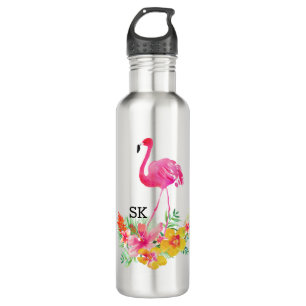 Niedliche rosa Flamingo und tropische Blume Bouque Trinkflasche