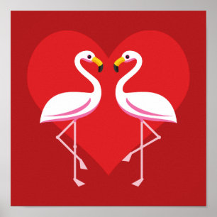 Niedliche Rosa Flamingos mit rotem Herzen Poster