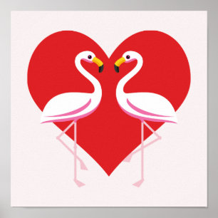 Niedliche Rosa Flamingos mit rotem Herzen Poster