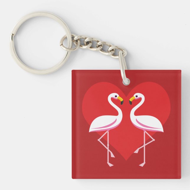 Niedliche Rosa Flamingos mit rotem Herzen Schlüsselanhänger (Vorderseite)