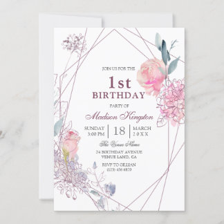 Niedliche Rosa geometrische Mädchen 1. Geburtstag Einladung