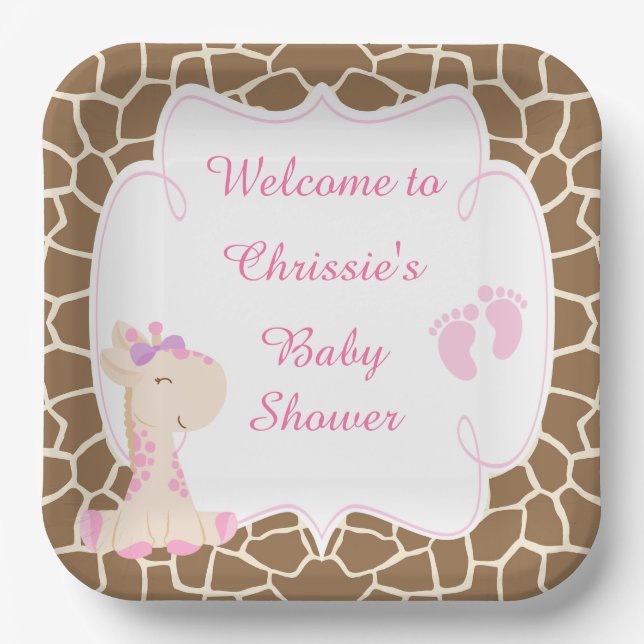 Niedliche Rosa Giraffe Kinderdusche Pappteller (Vorderseite)