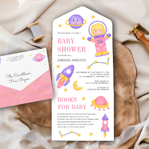 Niedliche Rosa Girl Astronauten Babydusche im Welt All In One Einladung