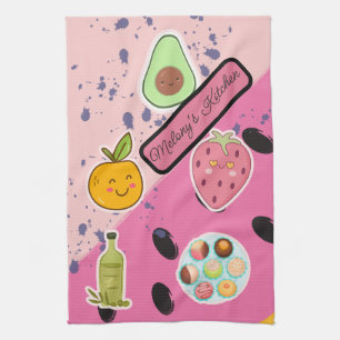 Niedliche Rosa Girl Fruit and Dessert Illustration Geschirrtuch