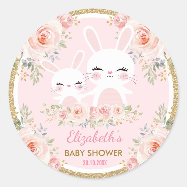 Niedliche Rosa Gold Bunny Rabbit Babydusche Dekora Runder Aufkleber (Vorderseite)