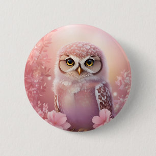 Niedliche, rosa, grasende Eule Button