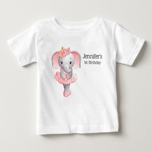 Niedliche Rosa & Grau Elephant Ballerina Geburtsta Baby T-shirt (Vorderseite)