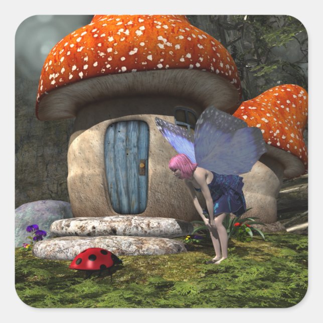 Niedliche Rosa-Haar-Fairy trifft Ladybug Quadratischer Aufkleber (Vorderseite)