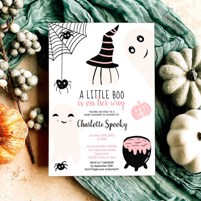 Niedliche Rosa Halloween-Kinderdusche Einladung (Cute pink Halloween little boo girl baby shower Invitation)