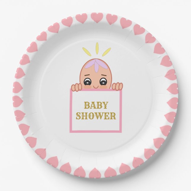 Niedliche Rosa Herz Babydusche Pappteller (Vorderseite)