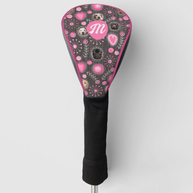 Niedliche rosa Herz Blume Monogramm Dosierungskoll Golf Headcover (Vorderseite)