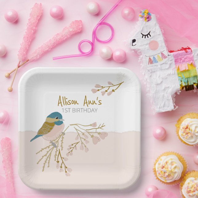 Niedliche rosa Herzen Chickadee Bird Bloral Custom Pappteller (Party)