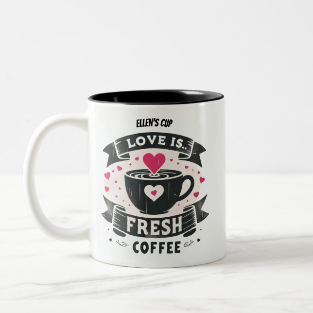 Niedliche Rosa Herzen Liebe ist frischer Kaffee Zweifarbige Tasse (Links)