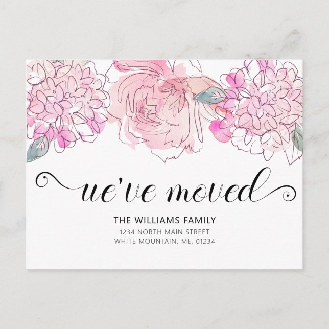 Niedliche Rosa Hydrangea Wasserfarbenflorale Beweg Ankündigungspostkarte (Vorderseite)