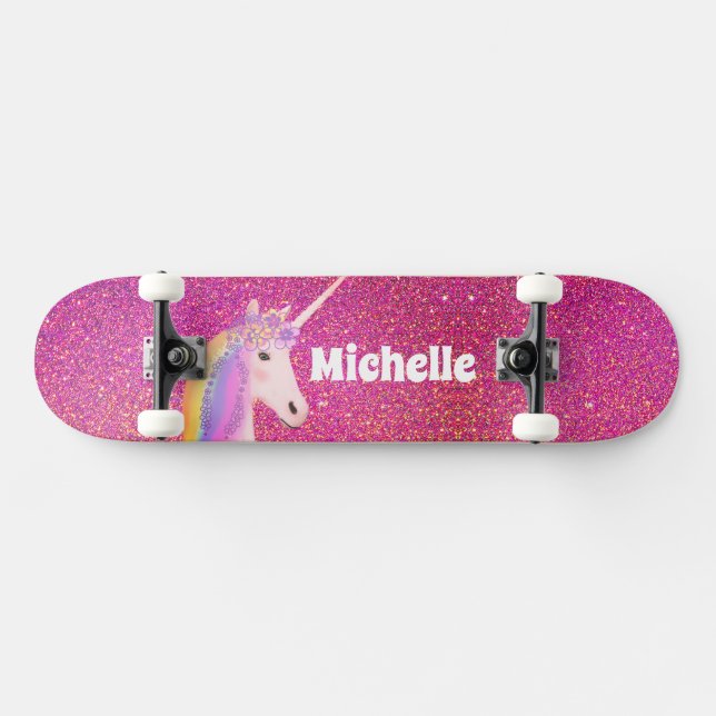 Niedliche rosa Imitate Glitzer Einhorn Personalisi Skateboard (Horizontal)