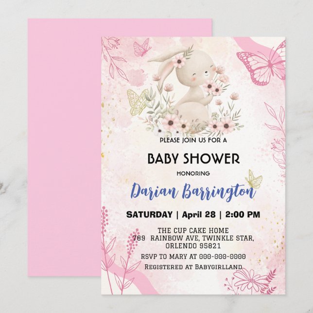 Niedliche Rosa-Kaninchen Blume Babydusche Einladung (Vorne/Hinten)