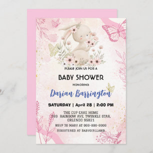 Niedliche Rosa-Kaninchen Blume Babydusche Einladung