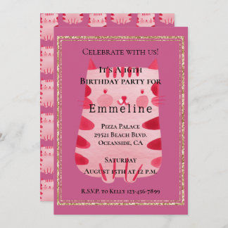 Niedliche Rosa Katze Gold Glitzer 16. Geburtstag Einladung