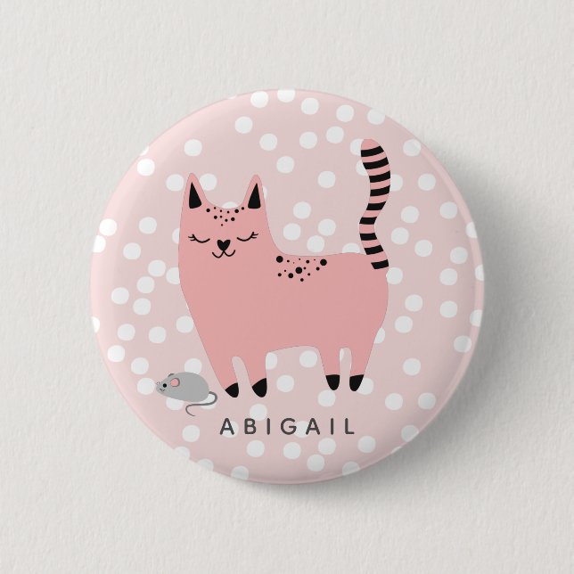 Niedliche Rosa Katze und Punkte - Personalisierte  Button (Vorderseite)