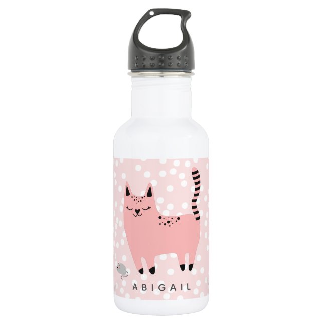 Niedliche Rosa Katze und Punkte - Personalisierte  Edelstahlflasche (Vorderseite)