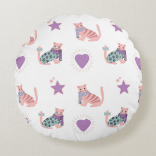 Niedliche rosa Katzen mit Herz und Sternenmuster Rundes Kissen