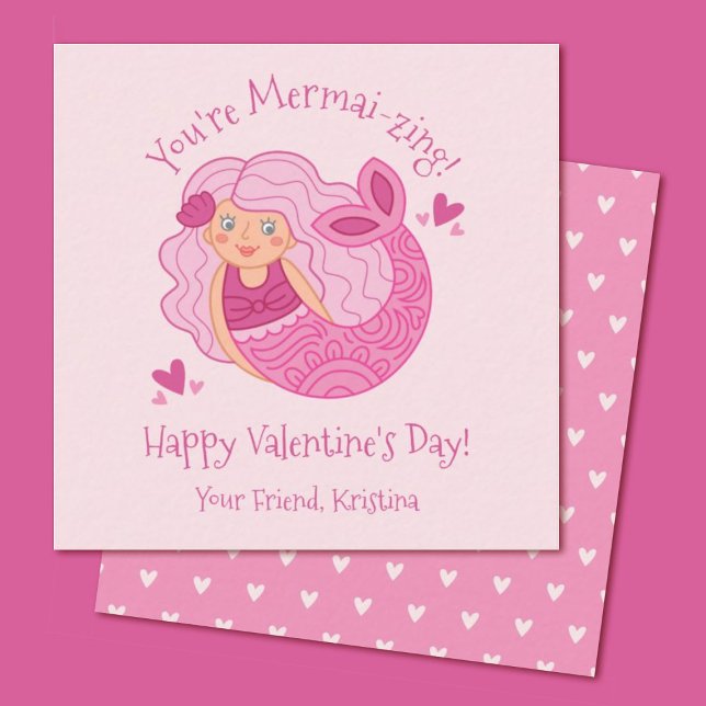 Niedliche rosa Kinder Meerjungfrau Valentine Note  Mitteilungskarte (A cute mermaid mini valentine. Personalize it for your girls classroom valentine exchange)