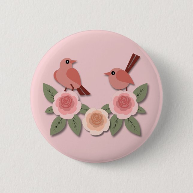 Niedliche Rosa Liebesvögel und blühende Rose Button (Vorderseite)