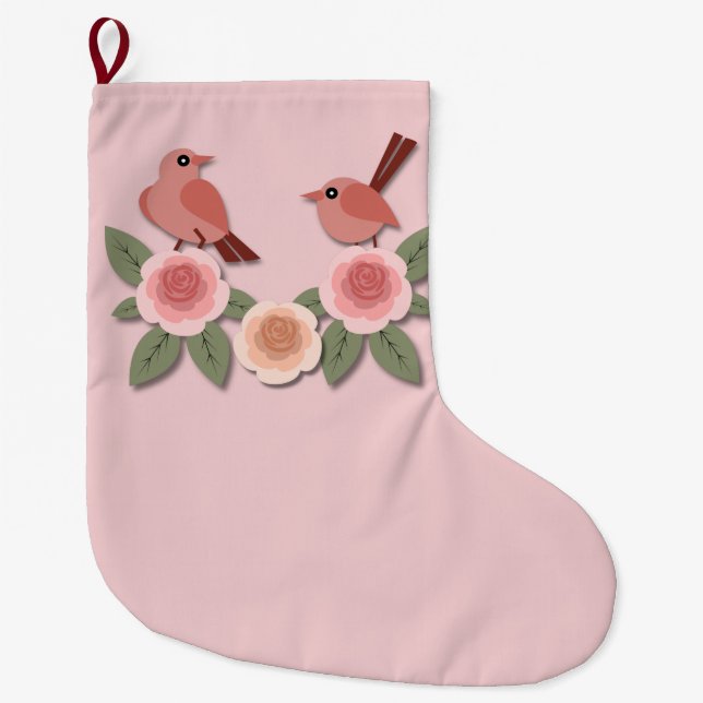 Niedliche Rosa Liebesvögel und blühende Rose Großer Weihnachtsstrumpf (Vorderseite)