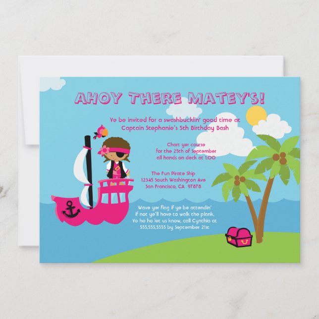 Niedliche Rosa-Mädchen-Piratengeburt Einladung (Vorderseite)