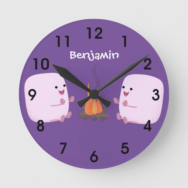 Niedliche Rosa Marshmallows im Cartoon der Lagerfe Runde Wanduhr (Vorderseite)