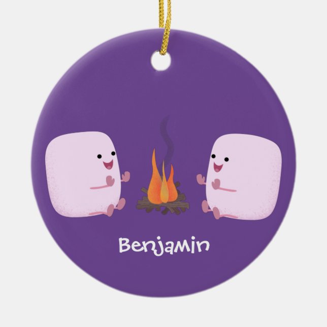 Niedliche rosa Marshmallows im Cartoon des Lagerfe Keramik Ornament (Vorne)