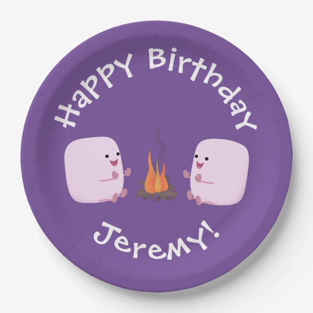 Niedliche rosa Marshmallows im Cartoon des Lagerfe Pappteller (Vorderseite)