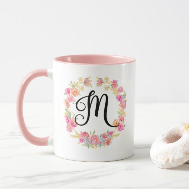Niedliche rosa Monogramm (M) Blume Tasse (Mit Donut)