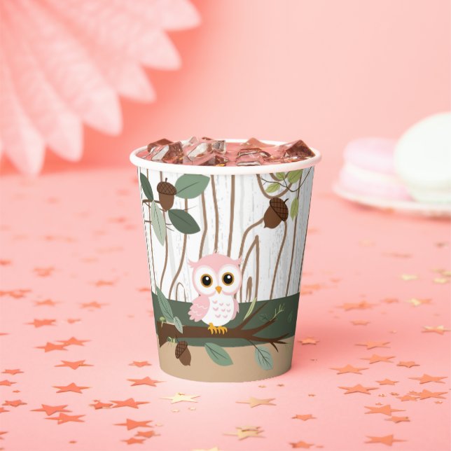Niedliche Rosa Owl Woodland Forest Baby Dusche Pappbecher (Insitu)