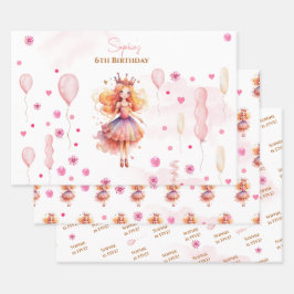 Niedliche rosa Prinzessin und Ballons Geburtstag Geschenkpapier Set