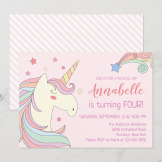 Niedliche Rosa Regenbogenstars Einhorn Geburtstags Einladung