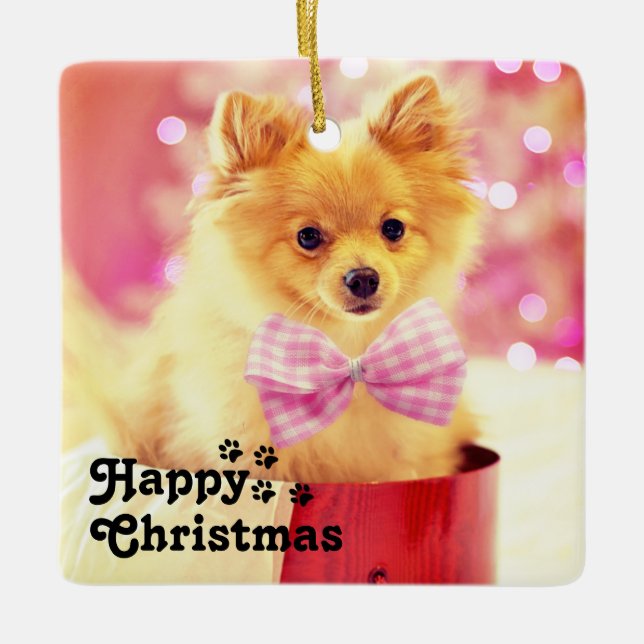 Niedliche Rosa Ribbon Puppy & Happy Christmas Einz Keramikornament (Vorderseite)