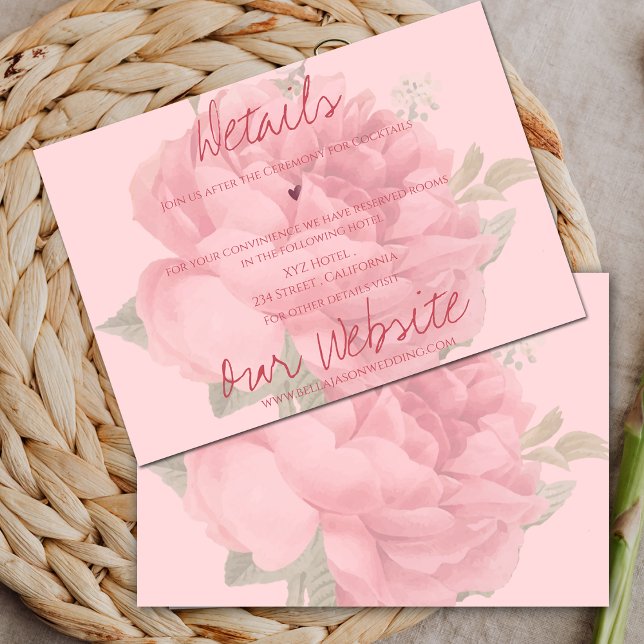 Niedliche Rosa Rosa Blüte Unsere Hochzeitsdetails Begleitkarte (Cute Blush Pink Rose Floral Our Wedding Details Enclosure Card)